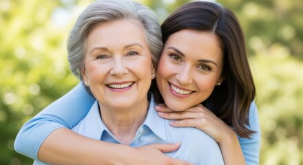 Obraz premium A loving mother and daughter embrace in a warm hug outdoors