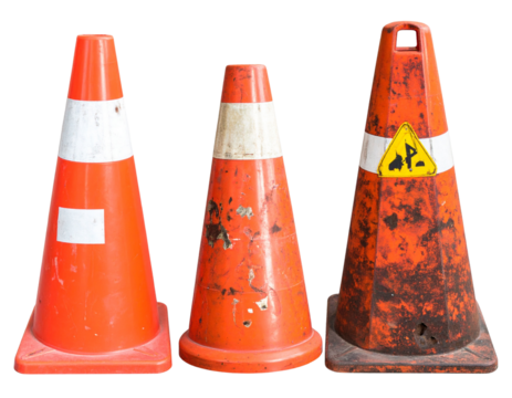 Close-Up of Caution and Stop Cones with Rust Texture, Transparent Background