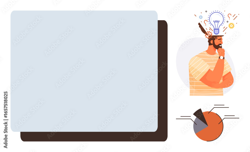 Poster man contemplating with light bulb and gears symbolizing ideas, pie chart showing analytics, empty te