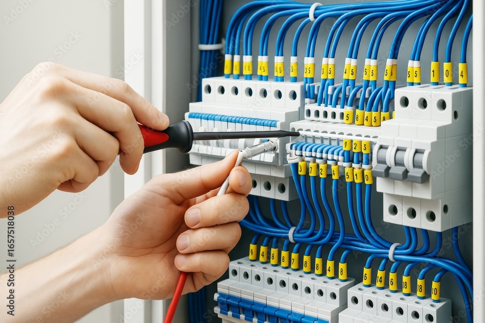 Poster electrician working on industrial control panel wiring with precision tools in a clean environment o
