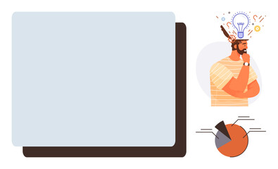 Man contemplating with light bulb and gears symbolizing ideas, pie chart showing analytics, empty text area. Ideal for brainstorming, creativity, strategy, planning, innovation, analysis marketing