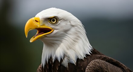 Obraz premium Majestic Close-Up of Bald Eagle with Yellow Beak and Intense Gaze, Sharp Feathers Detail, Symbol of Strength and Freedom in Nature