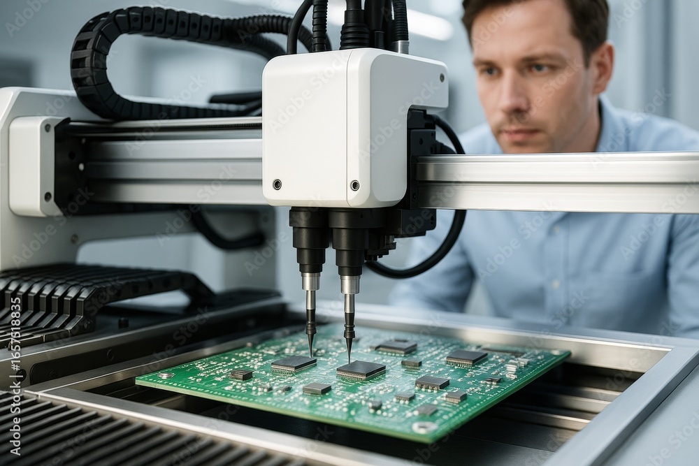 Aufkleber close-up of automated machine placing electronic components on circuit board with engineer monitorin