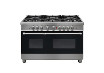 Fototapeta premium Stainless Steel Double Oven Range Cooker: Modern Kitchen Appliance, Gas Cooktop, Professional Kitchen Design Element isolated on transparent background