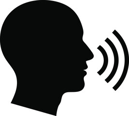 Silhouette of human head speaking, sound waves communication, audio technology, voice recognition, digital assistant, podcast symbol, speech sound icon, broadcasting