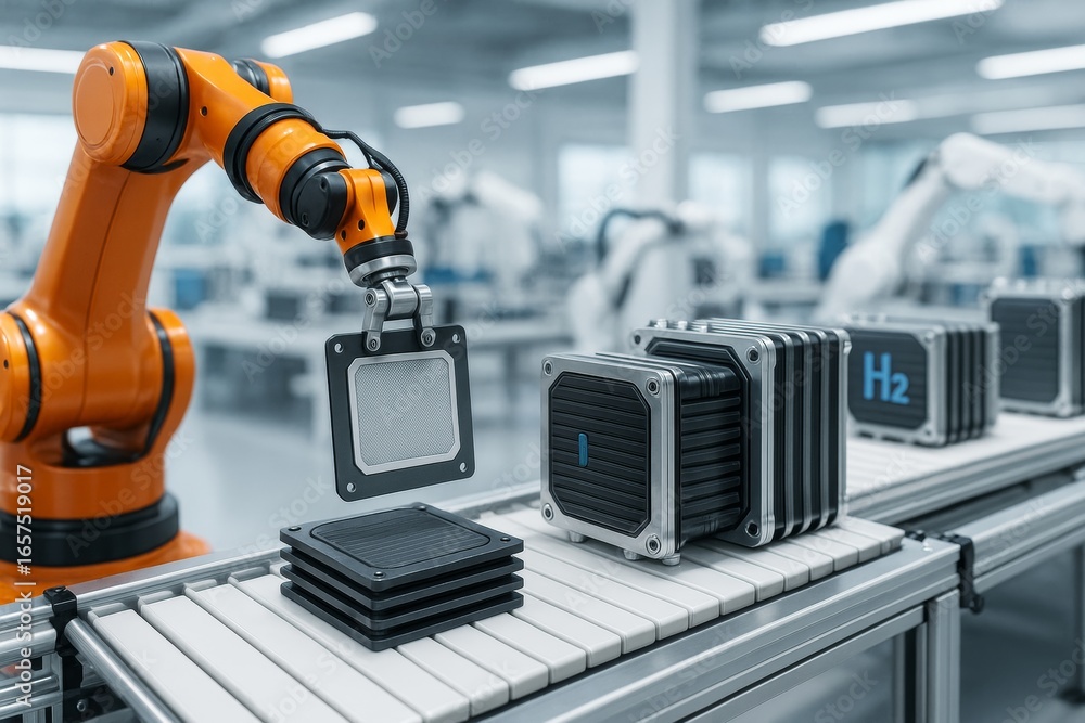Poster robotic arm assembling hydrogen fuel cells on conveyor belt in high-tech factory with light abstract