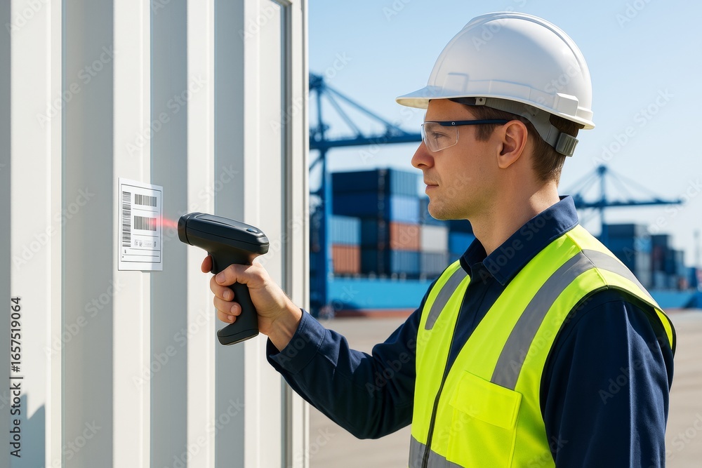 Poster worker in safety gear scanning barcode on shipping container at port with industrial cranes and cont