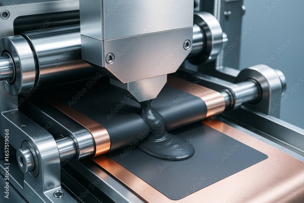 Aufkleber close-up of industrial machine applying black paste onto copper surface in high-tech setting with li