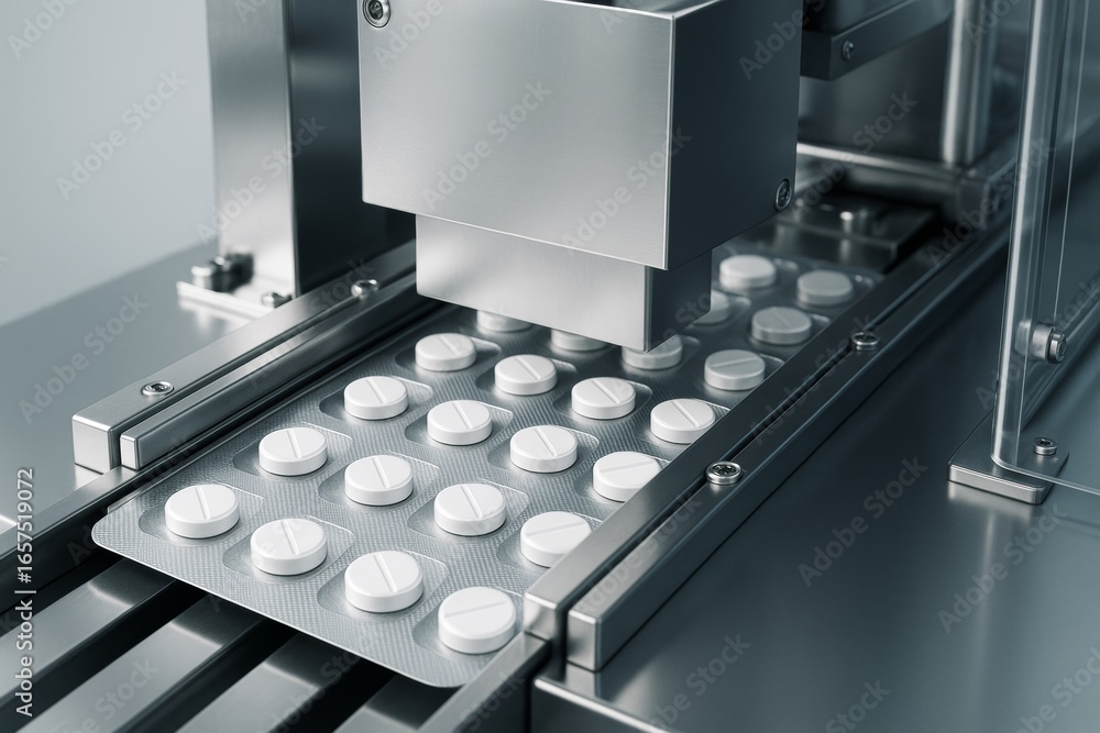 Aufkleber automated pharmaceutical tablet packaging machine operating in a clean facility with metallic compon