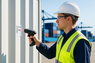 Worker in safety gear scanning barcode on shipping container at port with industrial cranes and containers in light background. Ai generative. Ai generative