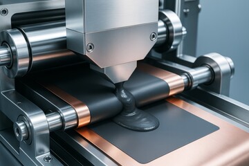 Close-up of industrial machine applying black paste onto copper surface in high-tech setting with light background for creative manufacturing concept. Ai generative