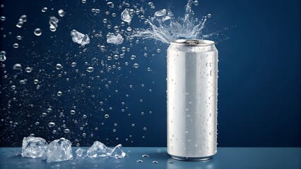 Sparkling water can with blank label and frozen ice explosion - Dynamic beverage advertisement - High speed photography product shot