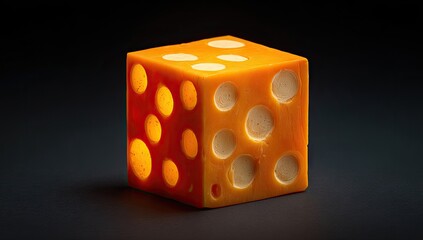 Illuminated cube of cheese with holes resembling a die