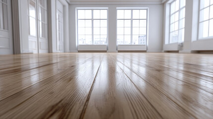  close-up of the floor in an empty room with white walls and large windows