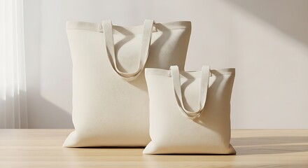 Two Natural Canvas Tote Bags Standing Together on a Light Wooden Surface with Soft Sunlight.