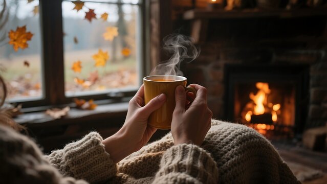 a person's hands holding a steaming mug of hot cider 