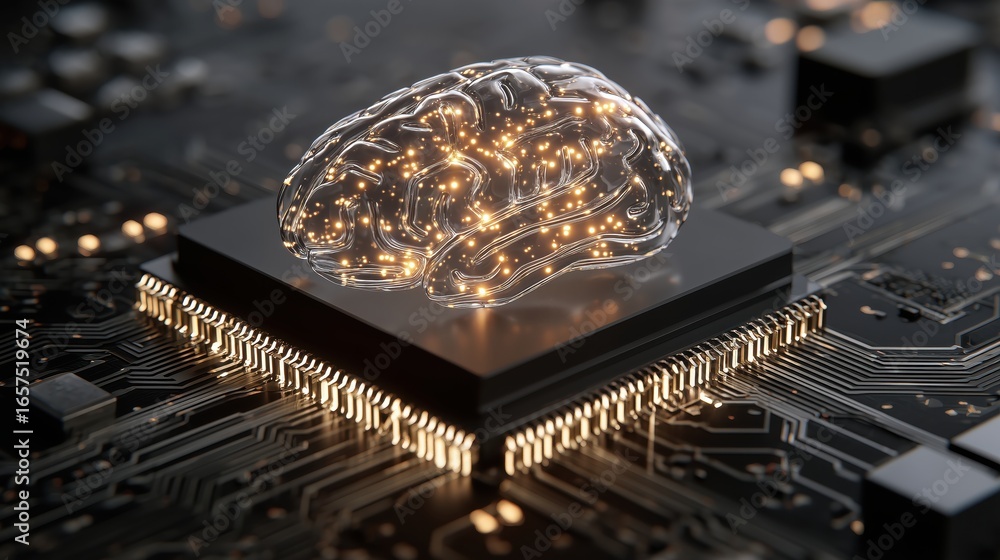 Aufkleber ai brain with microchips a digital brain model sits atop a circuit board, symbolizing artificial int