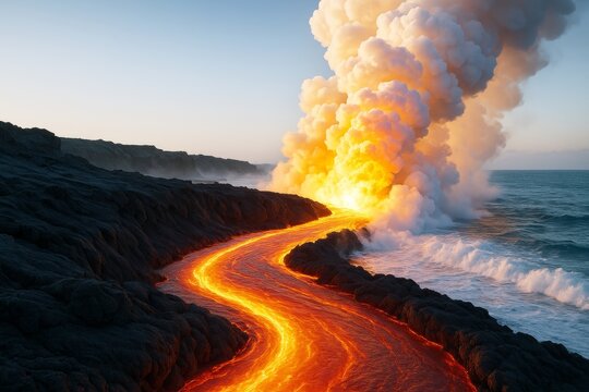Glowing lava river flows into ocean with massive steam cloud under clear sky at dusk, dramatic volcanic eruption landscape background scene. Ai generative - Powered by Adobe