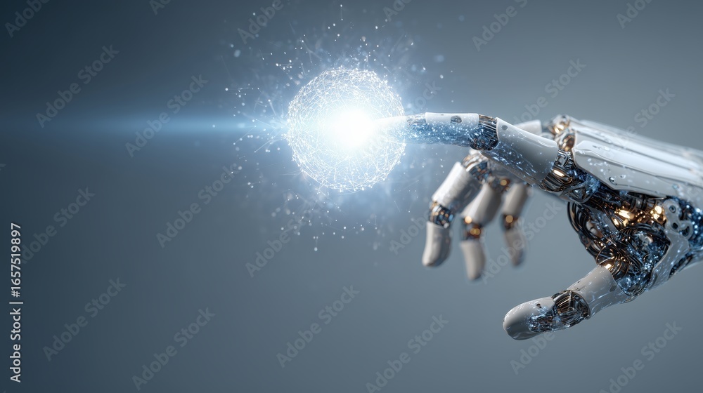 Poster ai circuitry with robot hand a robotic hand reaches out to touch a glowing orb, symbolizing technolo