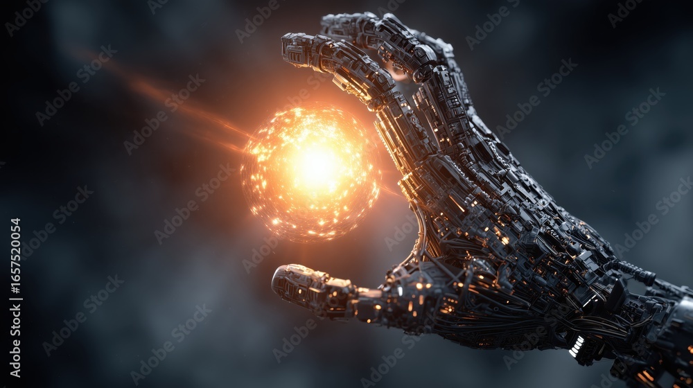 Aufkleber ai circuitry with robot hand a robotic hand holds a glowing orb, symbolizing technology and innovati