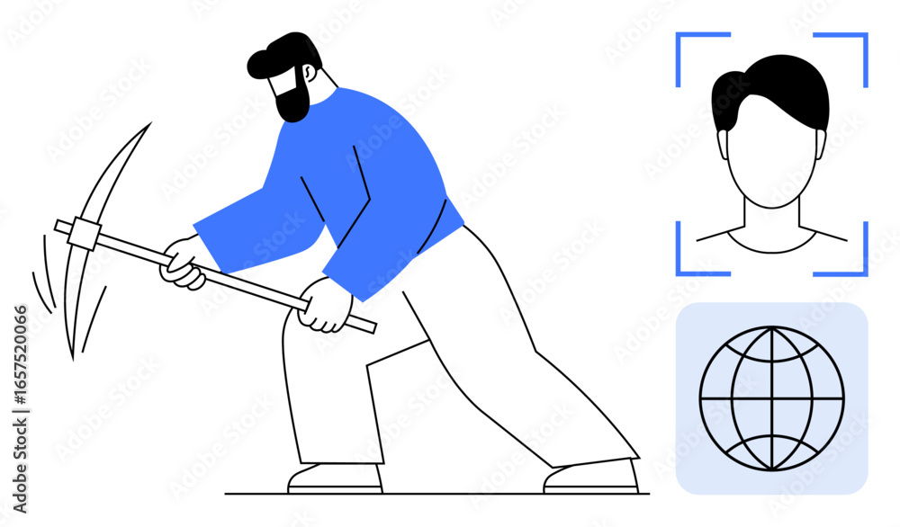 Poster man using pickaxe for mining action, global internet connectivity, and face recognition elements. id