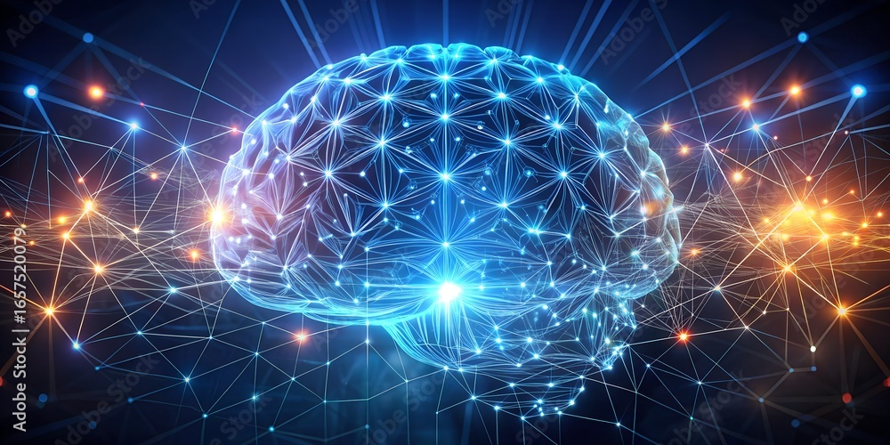 Poster artificial intelligence brain with neural network connections, representing the future of technology