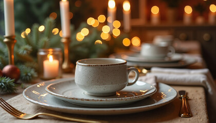 Fototapeta premium Elegant dinner table set with candles and holiday decorations 