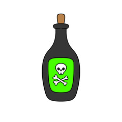 A green bottle with a skull and a skull and crossbones on it