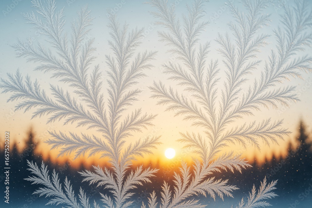 Poster frost patterns on glass with sunrise light over winter forest landscape background in soft abstract 