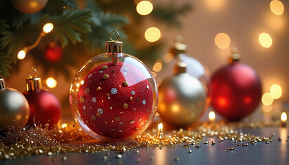 Fototapeta premium Colorful Christmas ornaments on table with festive winter lights 