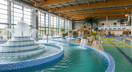 An indoor waterpark with a fountain and a swimming pool