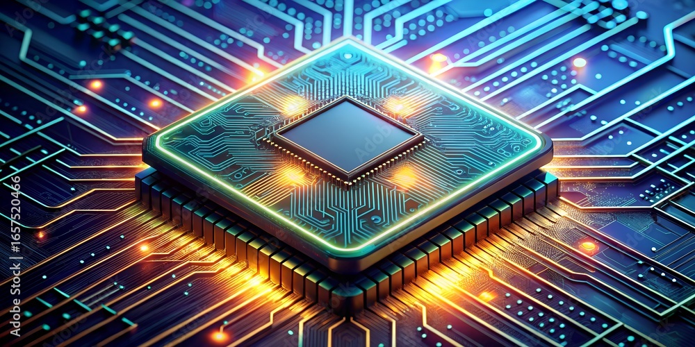 Fototapete closeup of a modern computer chip processor with intricate circuit patterns, representing advanced t