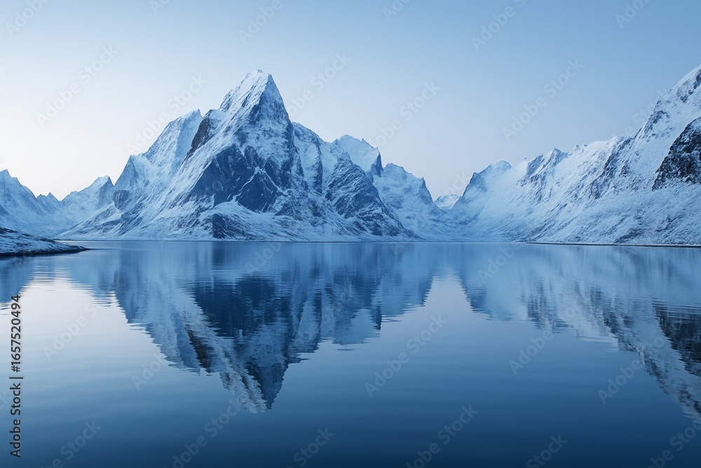 Poster snow-covered mountain peaks reflected in calm blue lake under soft daylight, creating a serene and m