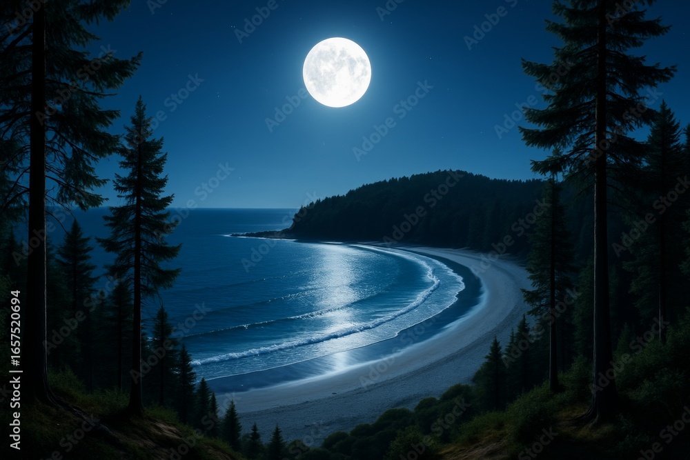 Aufkleber full moonlight illuminating a serene curved beach with forest trees in the foreground under a deep b