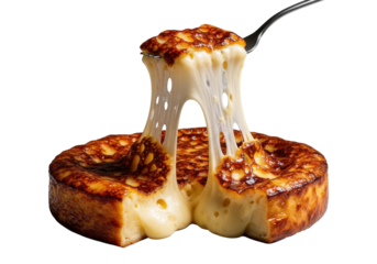 A thick, deeply caramelized gratin cheese slice, bubbling with golden blisters and a molten core, a fork pulls a long, stretchy strand, isolated on a transparent background, concept of gourmet