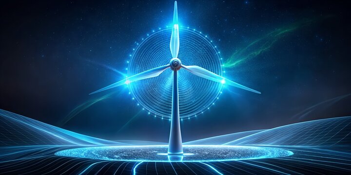 Futuristic wind turbine generating renewable energy, symbolizing sustainable technology, environmental innovation, and a clean energy future with digital and artificial intelligence