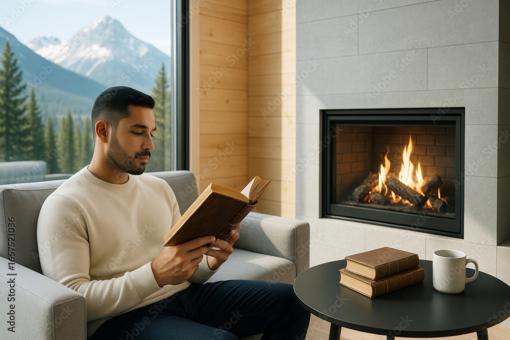 Poster man reading book by cozy fireplace in wooden cabin with mountain view through window in peaceful nat