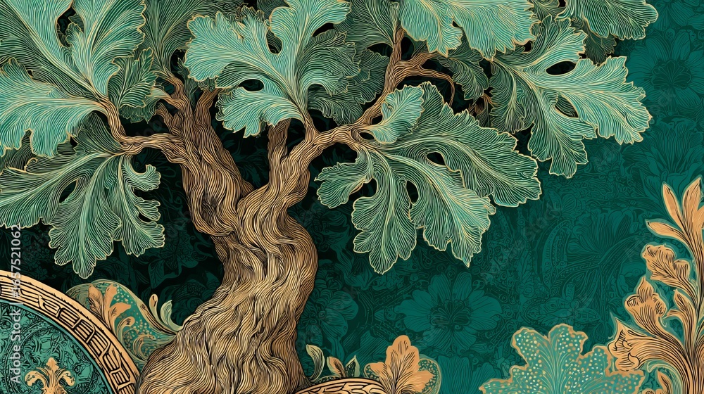 Poster stunning art nouveau tree with intricate golden linework on a deep teal patterned background