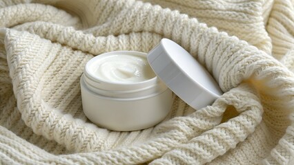 Ceramic hand cream jar with blank label in cashmere folds