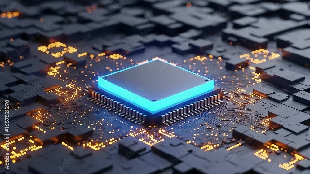 Aufkleber closeup of a glowing blue central processing unit cpu chip on a dark, futuristic circuit board with 