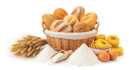 Assortment of fresh baked bread and pastries in a basket, with wheat, flour, eggs, and pasta, isolated on white background