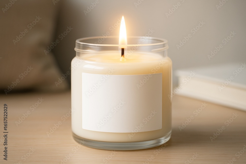 Poster lit candle in glass jar with blank label on wooden surface for branding mockup against soft neutral 