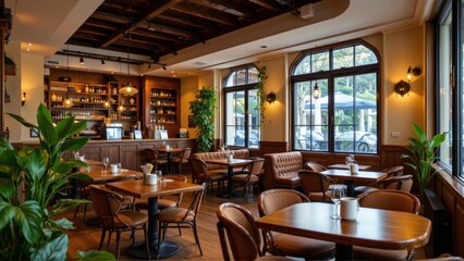 Upscale Restaurant Interior with Tables and Bar