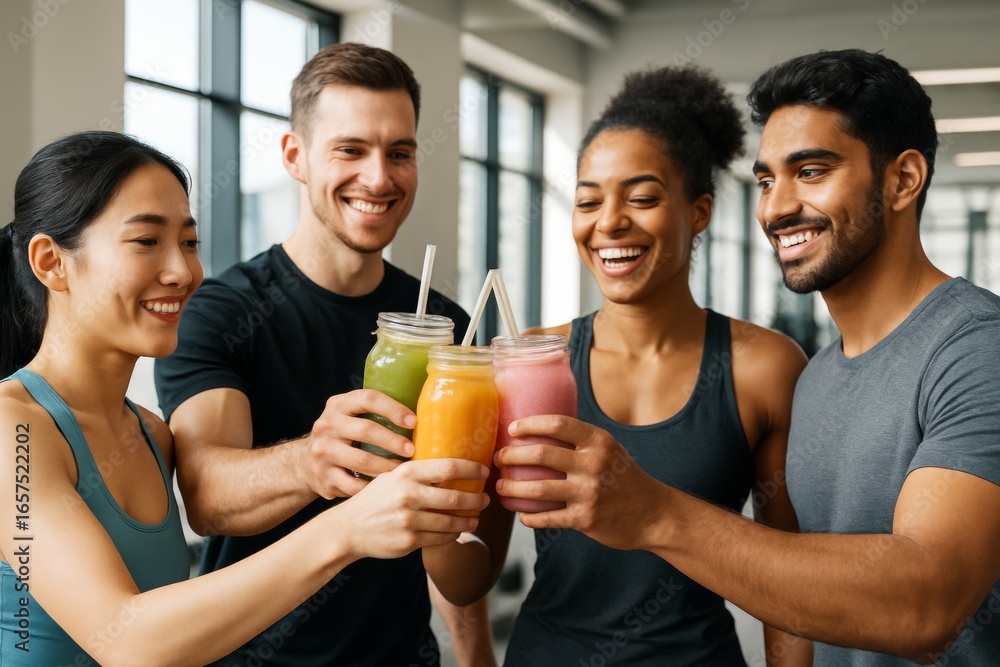 Aufkleber group of fit young adults smiling and toasting with colorful smoothies in gym setting with large win
