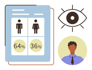 Report displaying male and female statistics with percentages, an eye for focus or analytics, and a person symbolizing human involvement. Ideal for demographics, survey, diversity, analytics