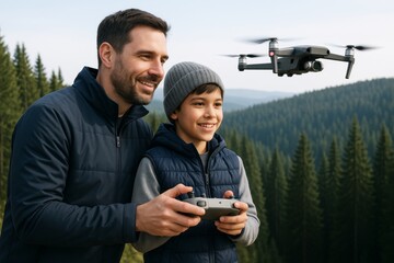 Father and son flying drone in forest with joyful expressions, pine trees and blue sky in soft light background, outdoor bonding moment captured.. Ai generative