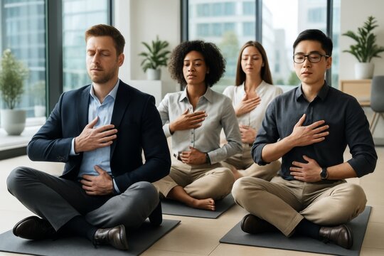 Diverse group of business professionals meditating together indoors in natural light, embracing mindfulness and wellness in a modern office space. Ai generative
