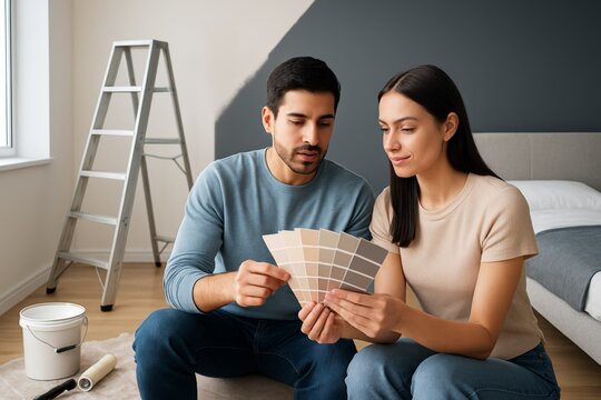 Couple choosing paint color samples during home renovation sitting in bedroom with painted wall and tools in background. Ai generative. Ai generative