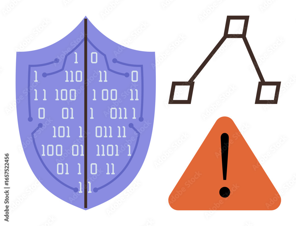 Leinwandbilder shield with binary code, orange warning triangle, and network diagram representing data protection. 
