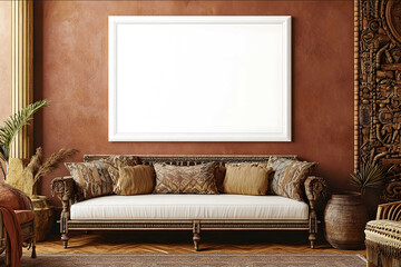 36 x 24 inch horizontal blank white framed poster mockup empty no shadows on a wall living room interior with a colonial style sofa african color scheme in warm bro